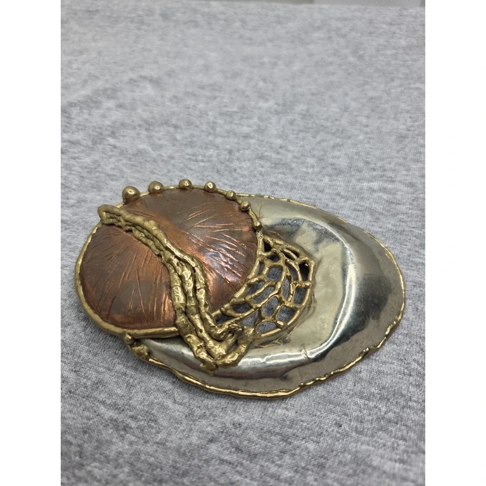 Vintage Brutalist Abstract Web Orb Copper Brass Belt Buckle